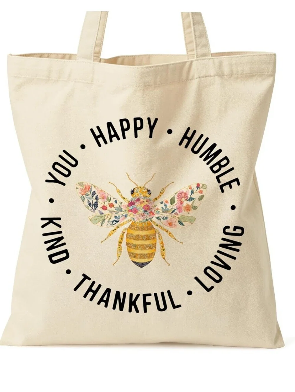 Everyday Canvas Tote Bag with Floral Bee Print - Natural